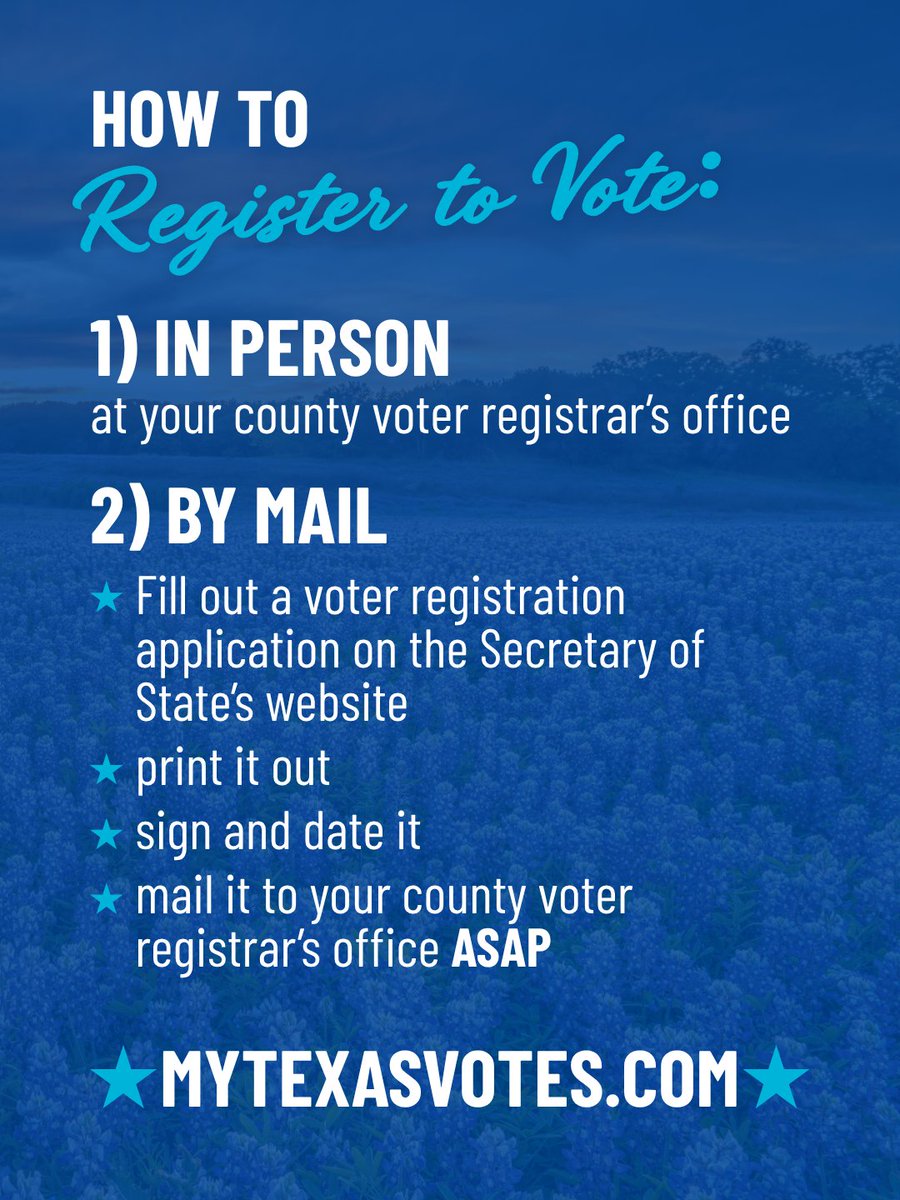 texasdemocrats's tweet photo. Time is running out to register to vote. 

Visit https://t.co/YhUP4SrcmL to start your application or double check that your voter registration is up to date. https://t.co/ctEJ8A3GDU