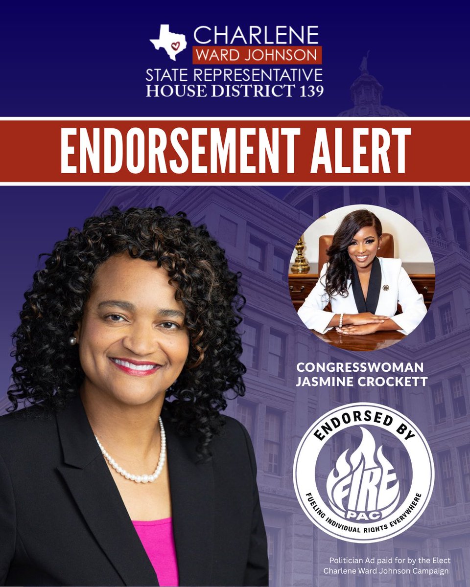 RepCWJ's tweet photo. 🚨ENDORSEMENT ALERT🚨 I’m excited to share that Congresswoman @JasmineForUS and @thefirepac have endorsed me for re-election! 👏🏾

Congresswoman Crockett has always stood up for Texans. I’m honored to have her support and am ready to continue fighting for Texans in the Legislature https://t.co/cpBYJcXHBp