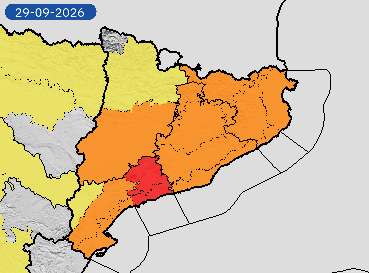 AEMET_Cat's tweet photo. 28/09 19:24 AVISOS MAÑANA | Cataluña: lluvias y tormentas. Nivel máximo de aviso: rojo.
Actualizaciones en https://t.co/V7lD5r8Gxn https://t.co/b41ojm8Dx1