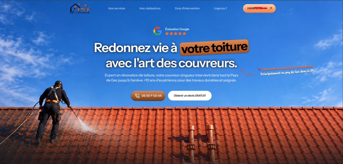 AndreasXBuilds's tweet photo. La semaine dernière, un couvreur me contacte pour un site. Pas vraiment le type de client que je vise… mais pourquoi pas essayer ? Enfin bref, voilà le résultats, une LP pour un couvreur... 😂 https://t.co/KRHfJukXUL