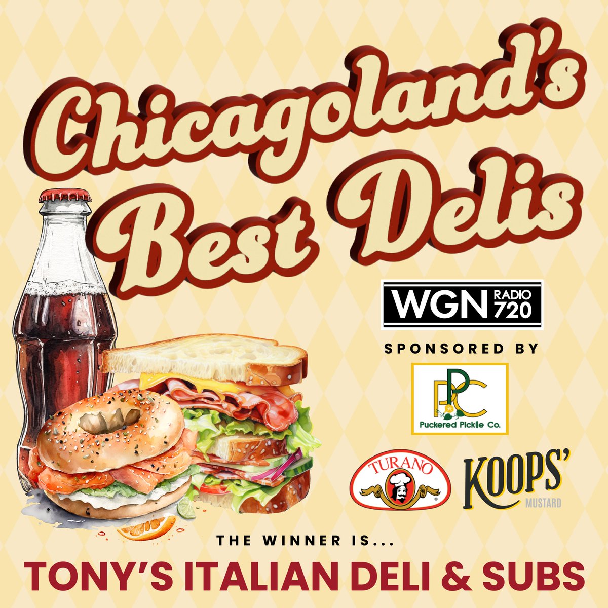 WGNRadio's tweet photo. Congrats to @tonysdeli1 for winning our 2026 Best Delis Tournament! You can listen to the announcement and call to Maria from Tony's at https://t.co/YYpCOZeqDR 

And thanks to our sponsors @PuckeredPickle, Turano Baking Company and @KoopsMustard for their support! https://t.co/En9oTHi0Gk