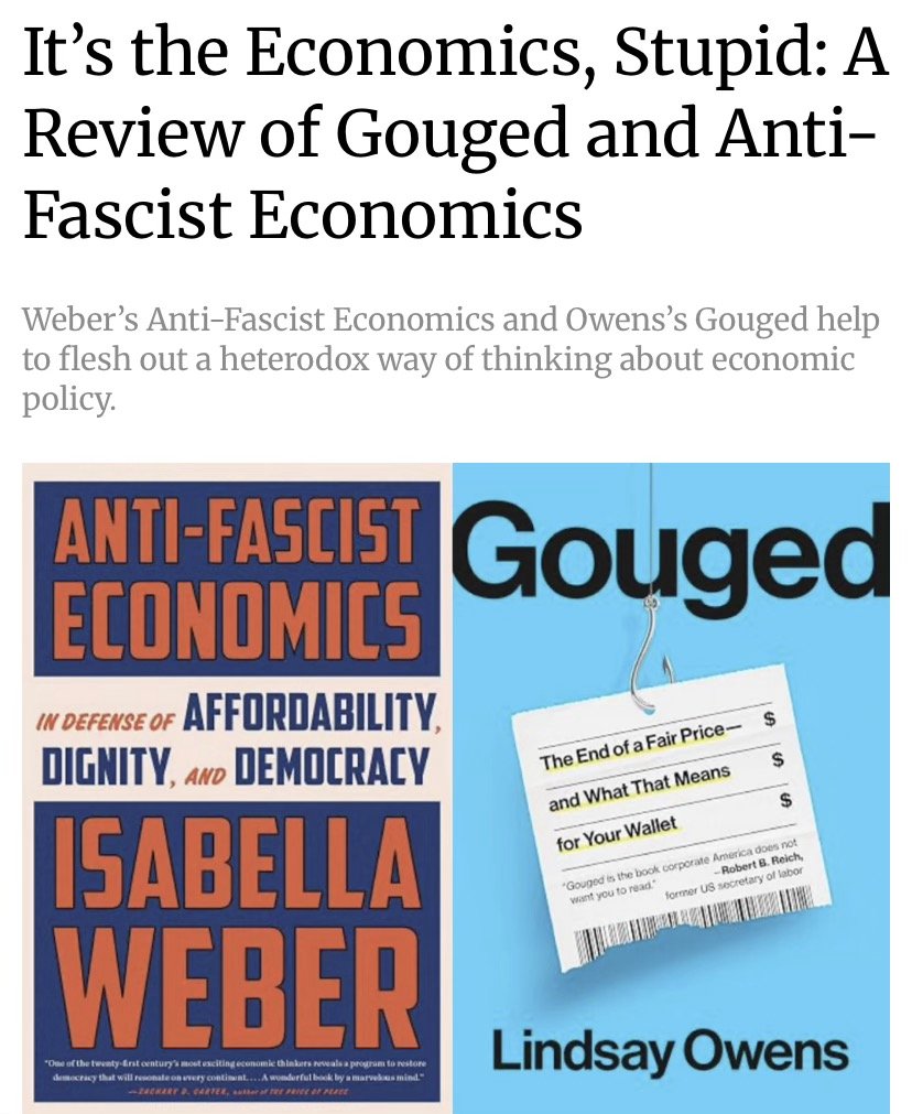 revolvingdoorDC's tweet photo. NEW: Our @DylanGyauchL  has a review of @IsabellaMWeber's Anti-Fascist Economics and @owenslindsay1's Gouged out in @TheSlingOrg today! Together, the books help to reclaim a tradition of economic policy designed in the public interest. https://t.co/WfTgYtgQpd
