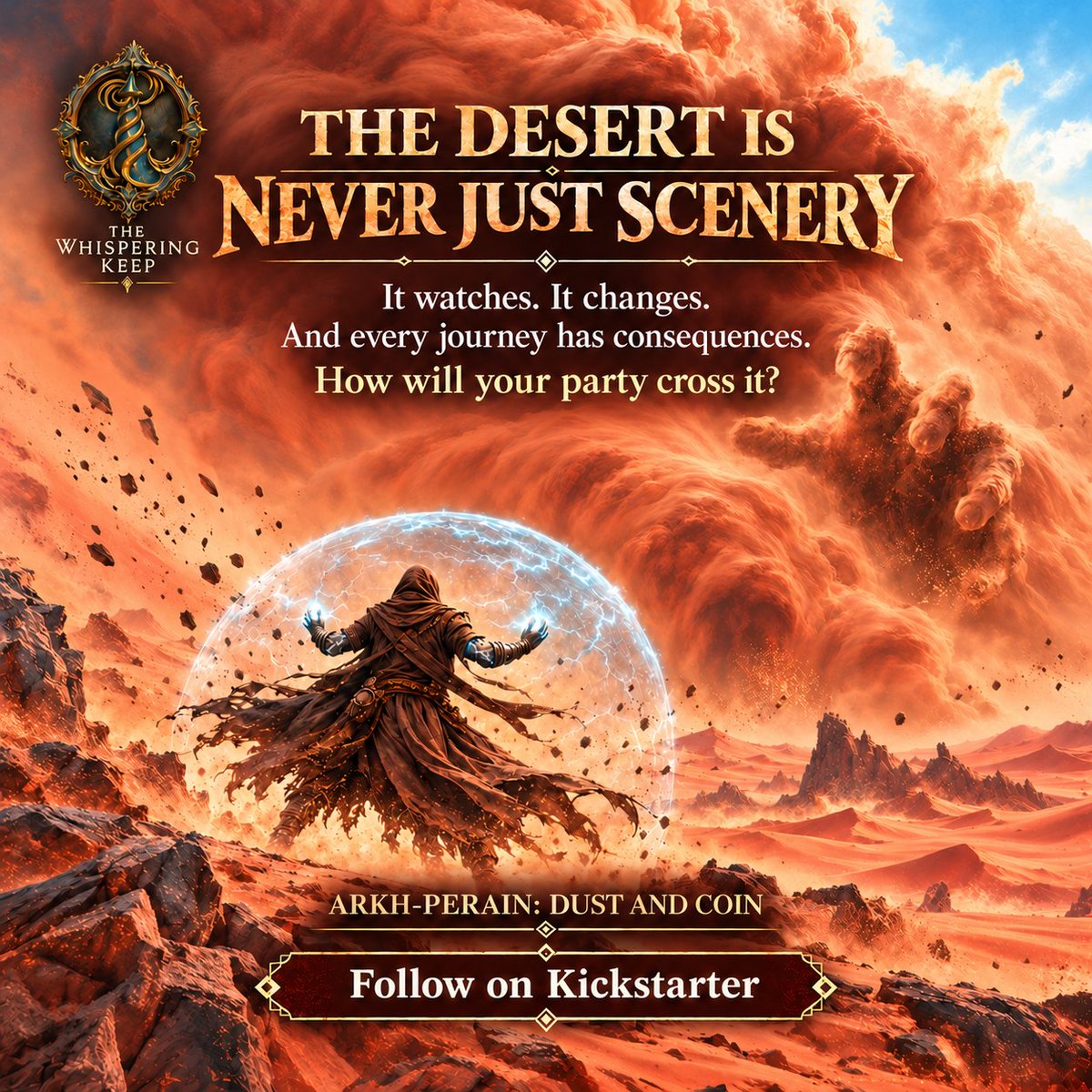 whisperingkeep's tweet photo. The road looked safe yesterday. Would you still trust it today?

In Arkh-Perain, the Desert reacts to your choices. Routes shift. Journeys change. Every path has consequences.

Follow on Kickstarter: https://t.co/vJFrnNgnH7

#ArkhPerain #TTRPG #KickstarterGames https://t.co/8ygeVdj5h7