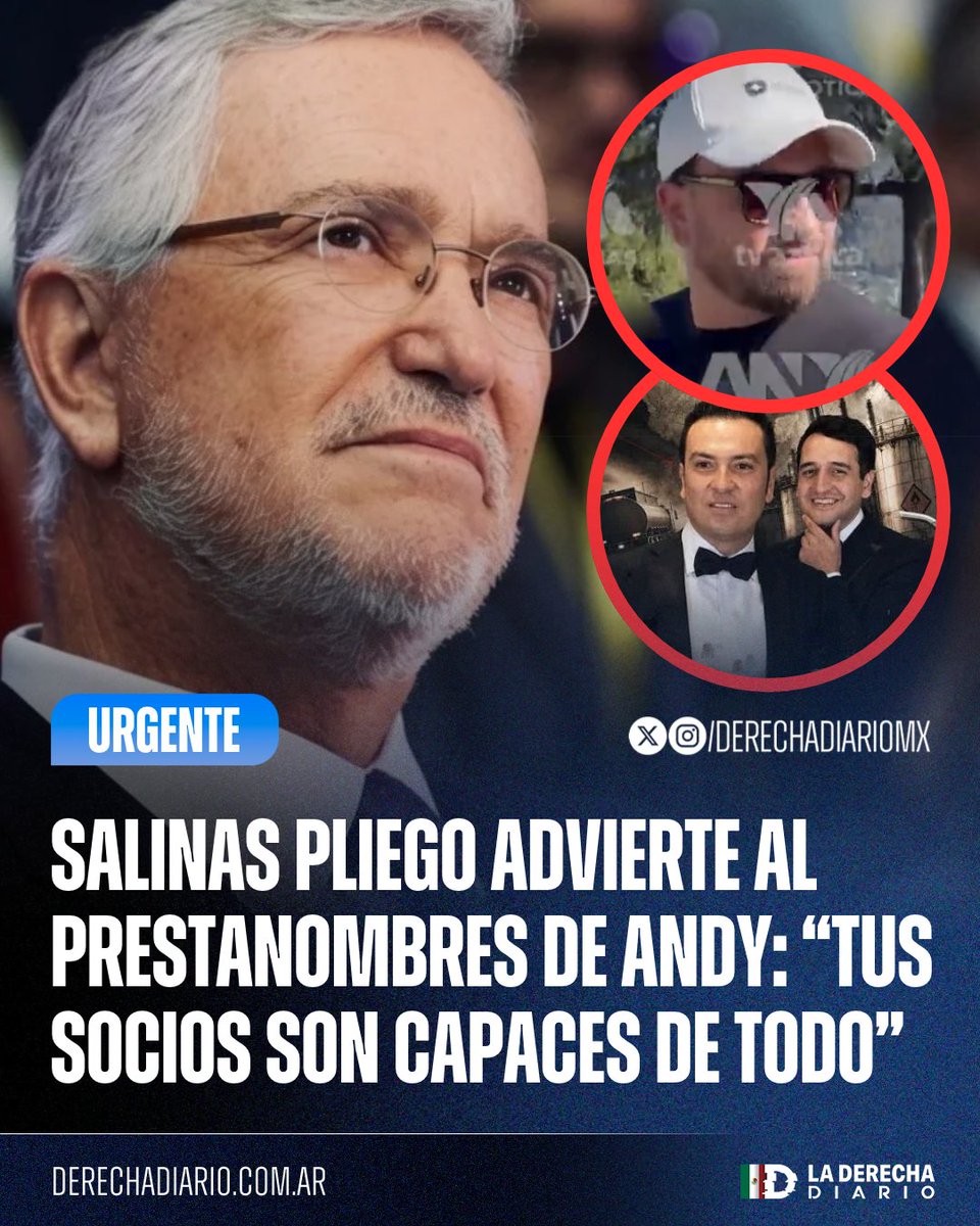DerechaDiarioMX's tweet photo. 🚨🇲🇽 | URGENTE — SALINAS ADVIERTE AL PRESTANOMBRES DE ANDY: “TUS SOCIOS SON CAPACES DE TODO”

@RicardoBSalinas se dirigió de frente a Amílcar Olán, el operador financiero de "El Andy", y le dejó claro que "El Clan" lo está usando de chivo expiatorio para que no caigan ellos.

“¿Creíste que Andy y su papá no te iban a poner a ti para evitar ser ellos los que caigan?”

El empresario además le ofreció las cámaras de TV Azteca para que cuente su versión, se defienda y salve a su familia.