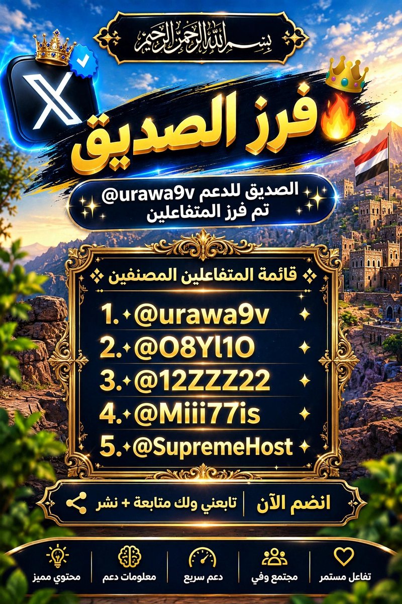 urawa9v's tweet photo. 🔥 #فرز_الصديق 👑 @urawa9v
#الصديق_للدعم_تم_فرز_المتفاعلين ✨
👑 @urawa9v ملك الدعم
اخي علي @O8Yl1O
اخوي دختور @12ZZZ22
الغالي محمد @Miii77is
الملكة ᥫ᭡ بـلقيس@SupremeHost

تابعوهم ملوك الدعم، يستاهلون التاج 
تابعني ولك متابعة + نشر فوري 
انضم الآن 

#فرز_الصديق #بدايه https://t.co/QK4RWNnPNV