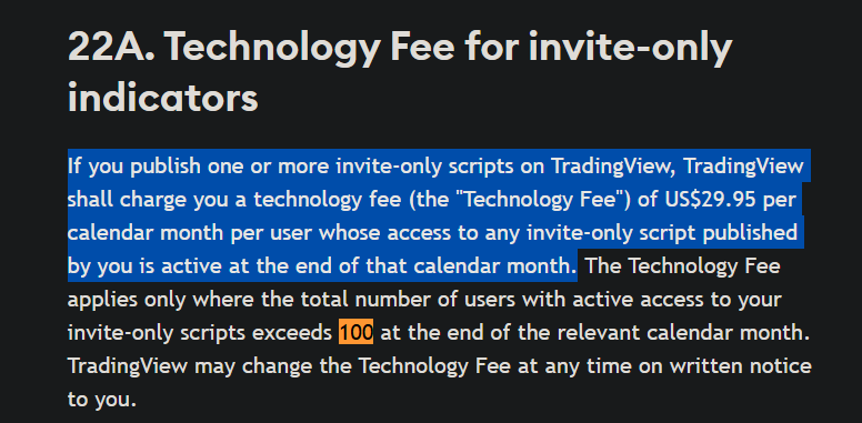 SigCharts's tweet photo. TradingView just snuck this into their Terms of Use... Not live yet; no announcement. 

Over 100 users on your invite-only script?
$29.95 per user, per month. From you.
This platform is cooked. https://t.co/SmJzLQVK7i