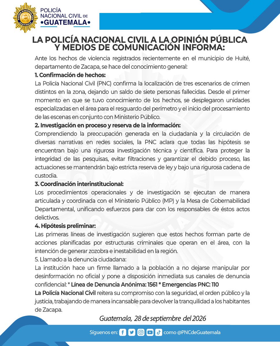 Fallecidos por tiroteos en Huité, Zacapa, ascienden a siete, según la PNC