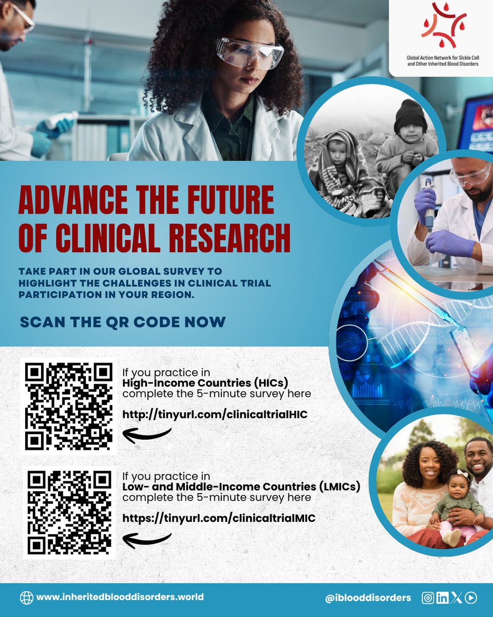 IBloodDisorders's tweet photo. Clincians, help us explore challenges in clinical trial participation worldwide. Whether you practice in a high-income country (HIC) or low- and middle-income country (LMIC), we want to hear from you.

Complete this short 5-minute survey: https://t.co/kY79ad4B68

#ClinicalTrials https://t.co/0RoAvIHXp9