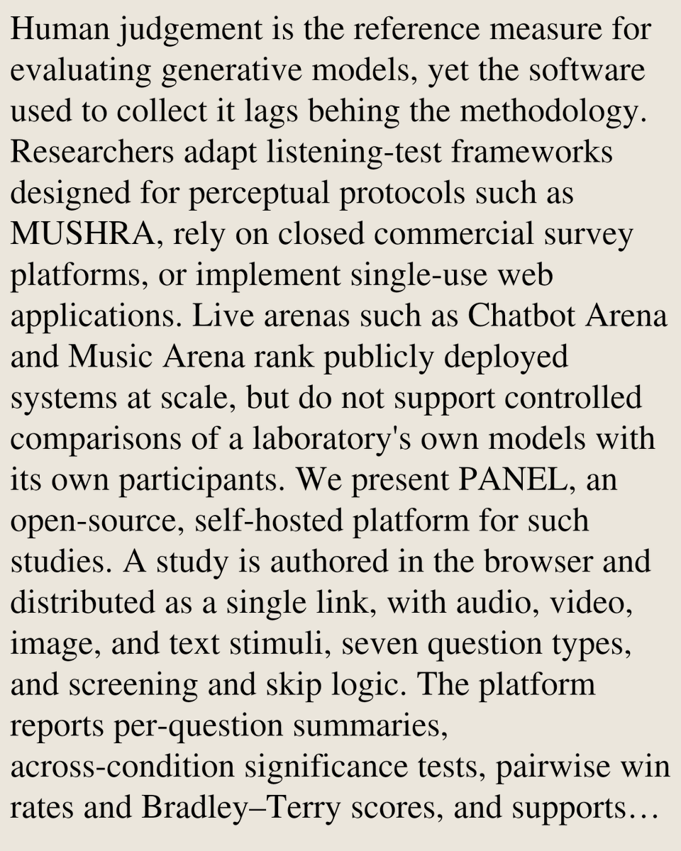 Smartphones's tweet photo. PANEL: An Open-Source, Self-Hosted Web Platform for Human Evaluation of Generative Models

Matteo Spanio, Andrea Poltronieri, Martín Rocamora
https://t.co/j8kfvVK8jA [𝚌𝚜.𝙷𝙲 𝚌𝚜.𝚂𝙳] https://t.co/wN2A58iQwn