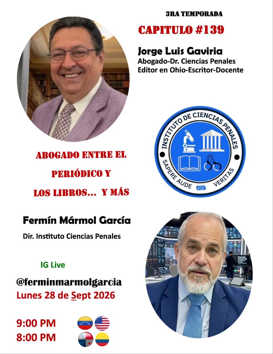 FERMINMARMOL's tweet photo. Hoy, lunes 28-Sep,  Tertulia Académica por IG.
—
Capítulo #139, en el mismo horario, 9PM🇻🇪.
—
Estará con nosotros, el Prof. Jorge Luis Gaviria Linares. Abordaremos diversos temas referidos al Derecho, a los caminos de la vida, entre el periódico y los libros… https://t.co/XILjvGbMWi