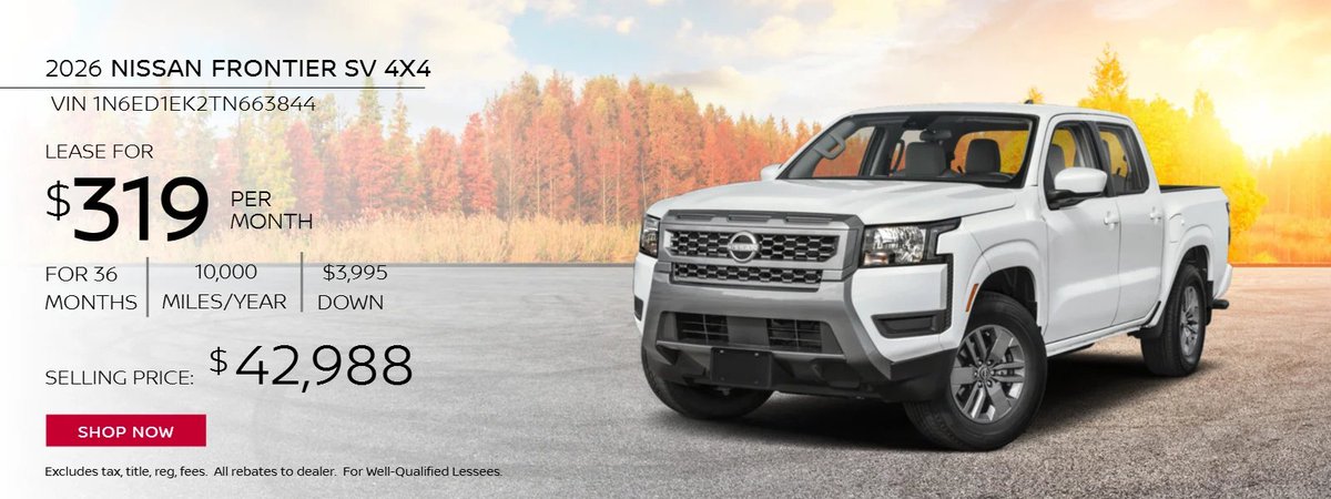 DaddarioNissan's tweet photo. Get behind the wheel of the 2026 Nissan Frontier SV 4x4 with a lease offer featuring $319 per month for 36 months, 10,000 miles per year, and $3,995 due at signing for well-qualified lessees. Explore this capable midsize truck at D’Addario Nissan. https://t.co/xDnctZVvbc https://t.co/5BUmP7PORE