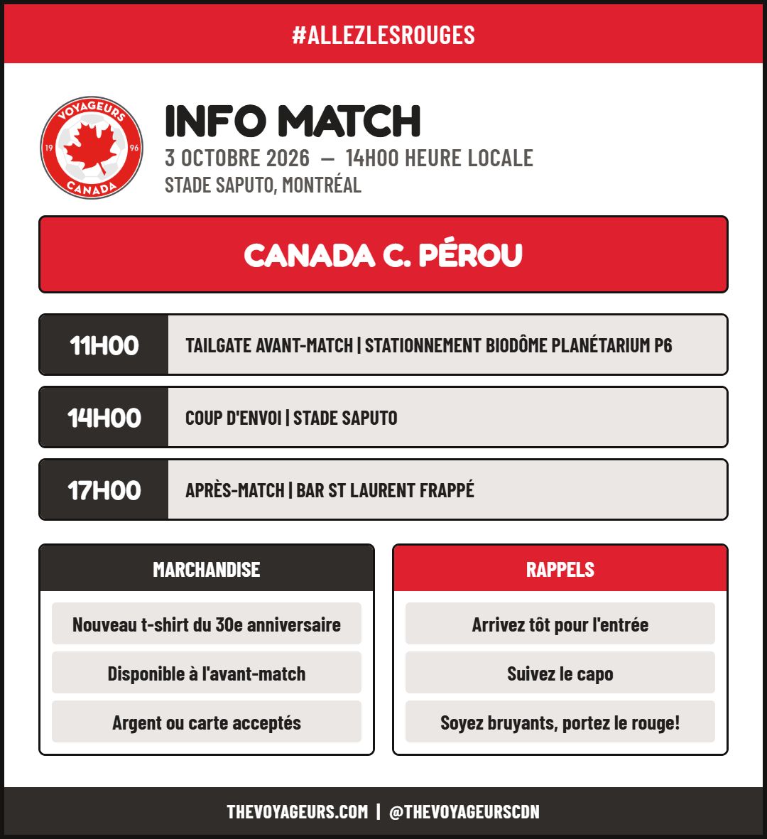 thevoyageurs's tweet photo. Jour de match à Montréal! Canada c. Pérou, samedi au Stade Saputo. Tailgate, match, après-match — on se voit là-bas. Portez le rouge!
#AllezLesRouges #CANMNT
1/2 https://t.co/6ir964bkrl