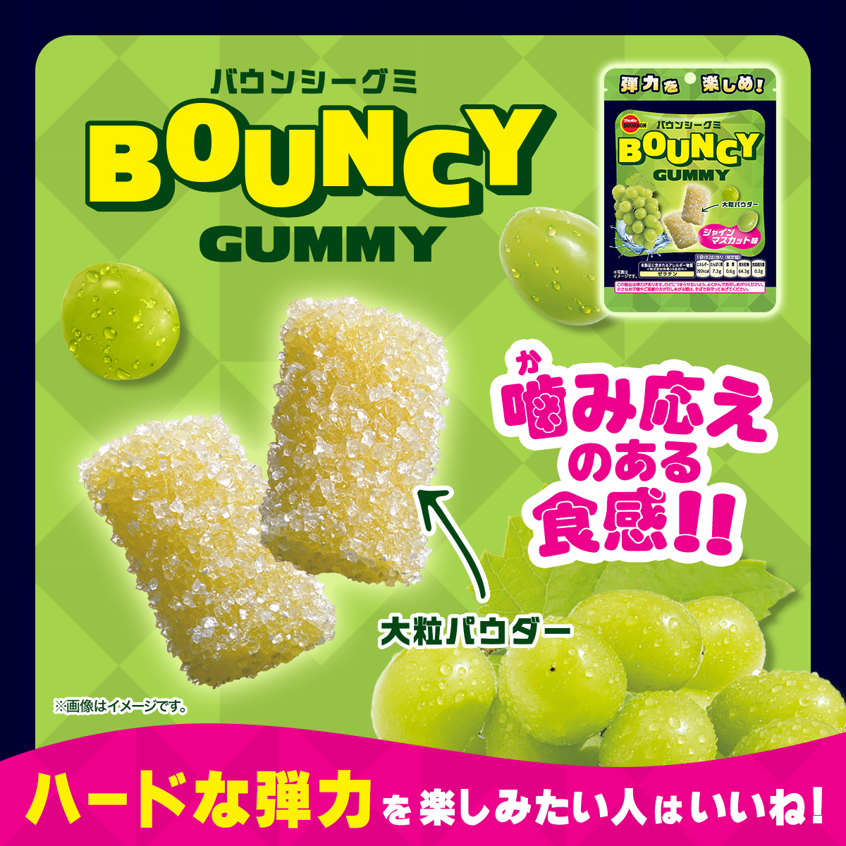 Bourbon_JP's tweet photo. 噛���応えのあるハードグミが新登場🎵
      ▪️
🟢🟢🟢バウンシーグミ
   🟢🟢  シャインマスカット味✨
　  🟢

食べ始めから食べ終わりまで
噛むのが楽しいグミだよ😋

ハードな弾力を楽しみたい人はいいね💚 https://t.co/4V5jy6JVVa