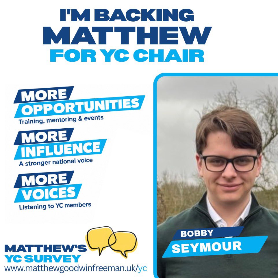 BobbySeymour_'s tweet photo. I’m backing @MGoodwinFreeman for YC Chair. 

The Young Conservatives should be about developing talent in our party and giving people real opportunities to get involved and progress - not just putting on pointless events. https://t.co/sTnVlu6U5O
