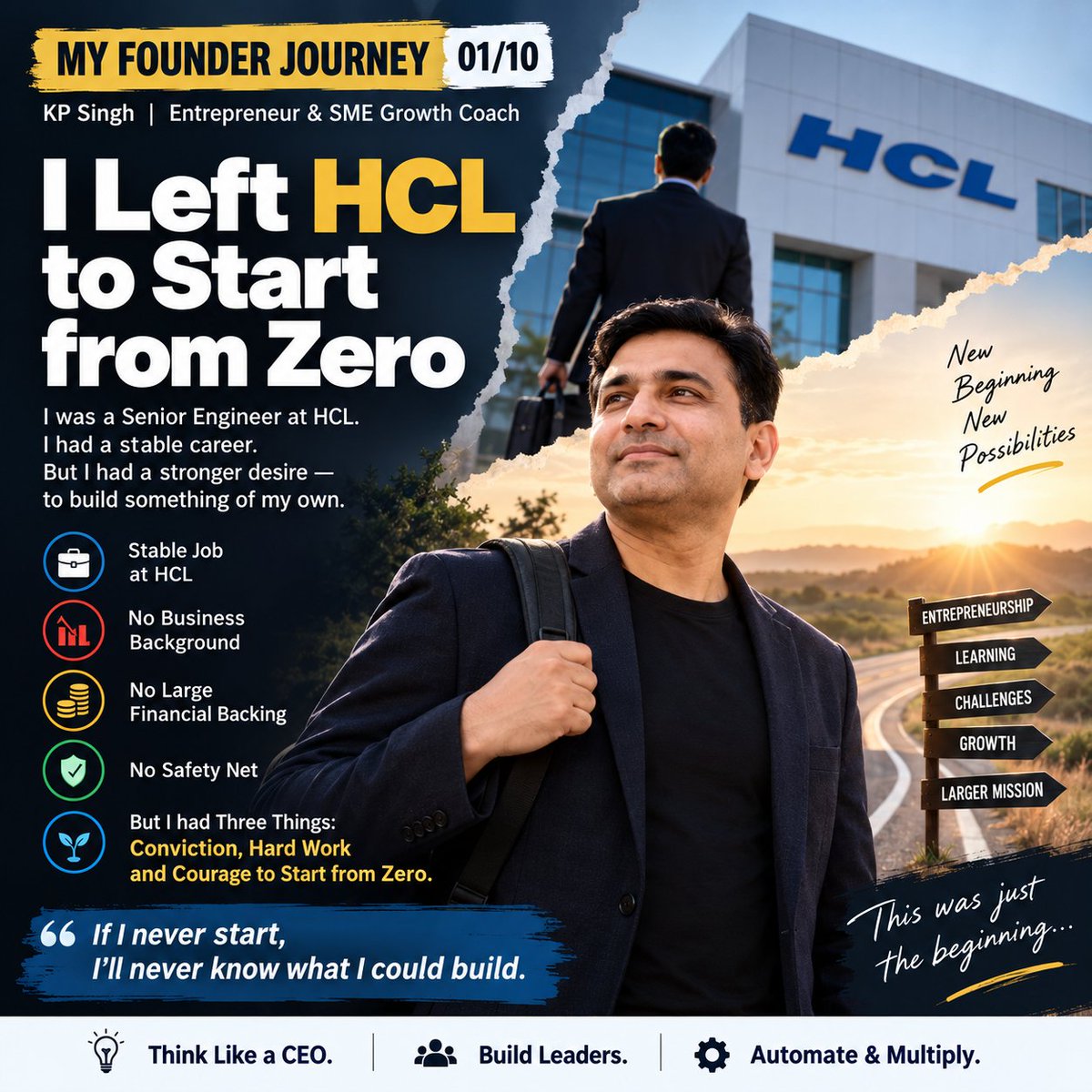 kpsinghofficial's tweet photo. I Left HCL to Start from Zero
I left a secure job without knowing what was waiting for me.
I was a Senior Engineer at HCL.
I had a stable career.
But I had a strong desire to build something of my own.
In 2012, I took one of the biggest decisions of my life.
I left my job and entered entrepreneurship.
I didn't have a business background.
I didn't have large financial backing.
I didn't have a safety net.
I was the son of a farmer, and money was never abundant.
But I had three things:
Conviction.
Hard work.
Courage to start from zero.
I didn't know exactly where the journey would take me.
But I knew one thing:
If I never start, I'll never know what I could build.
That decision became the beginning of my entrepreneurial journey.
And what happened next taught me lessons that eventually led to Borg Desk, RTS and Think Like a CEO.
This is Part 1 of my Founder Journey.
👉 Follow my journey.
Think Like a CEO. Build Leaders. Automate & Multiply.

#KPSingh #SMEGrowthCoach #FounderJourney #ThinkLikeACEO #Entrepreneurship #SMEIndia #BusinessGrowth #Leadership

https://t.co/Yxk5ayi6aw