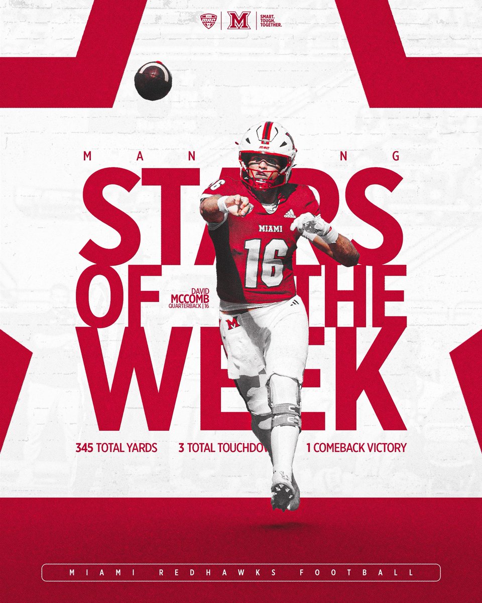 MiamiOHFootball's tweet photo. The Stars come out at Yager ⭐️ 

David McComb has been named one of eight Manning Stars of the week 

#RiseUpRedHawks | 🎓🏆 https://t.co/ddzdXLgZMZ