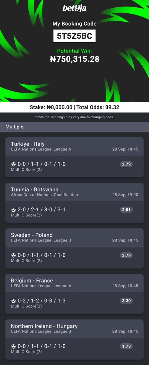 Emmanuel_Tips's tweet photo. Play am ooh 

5T5YD5V - 5T5YHNF - 5T5YQMW - 5T5Z5BC #Bet9jaCode https://t.co/DCpHviWDXS