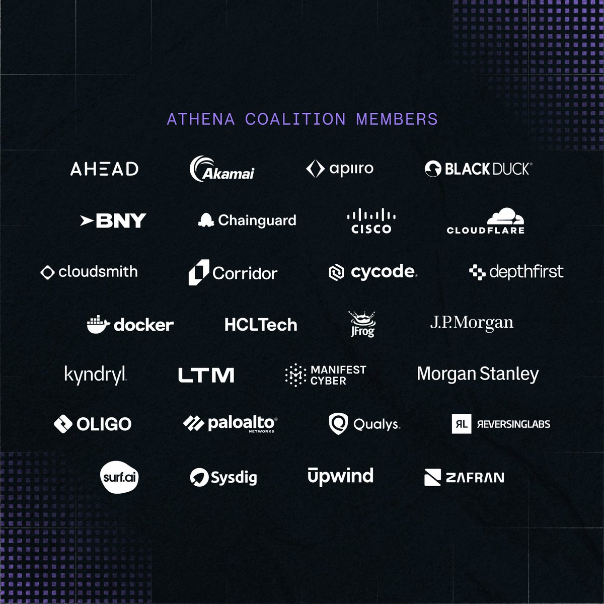 chainguard_dev's tweet photo. Athena's coalition is growing today with new shield and surface partners: @Ahead, @ApiiroSecurity, @cloudsmith, @hcltech, @manifestcyber, @OligoSecurity, @PaloAltoNtwks, @ReversingLabs, @trysurfai, and @sysdig 

Shield partners turn Athena's vulnerability and patch data into mitigations like firewall rules and exploit blocking. Surface partners flag vulnerable software in an organization's stack and show how to fix it. Together, these partners help close the gap between a fix existing and a fix being deployed.

Learn more: https://t.co/j8uKDNPr3g