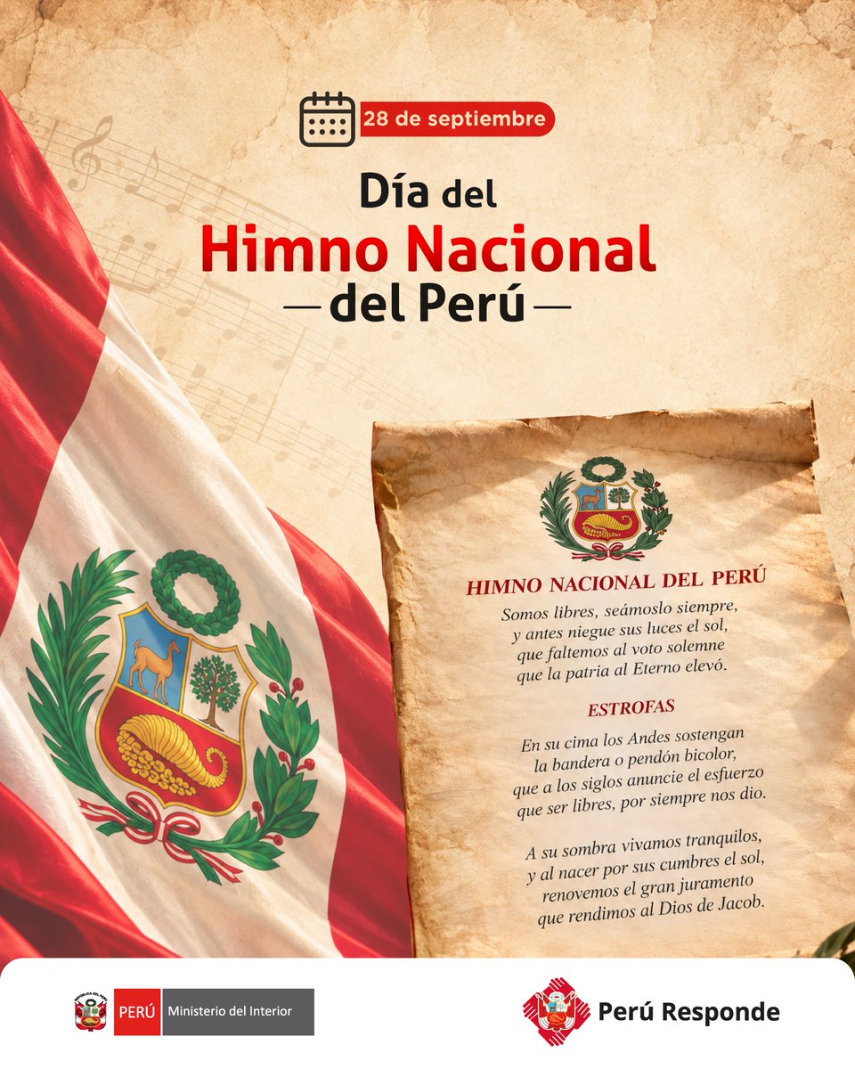 MininterPeru's tweet photo. 🇵🇪 ¡Día del Himno Nacional del Perú! 🇵🇪
Hay voces que nacen del corazón de un pueblo y se convierten en símbolo de su historia e identidad. Hoy, en el #Mininter, rendimos homenaje a nuestro Himno Nacional, cuyas sagradas notas nos recuerdan que servir al Perú es llevar en el corazón el orgullo de nuestra patria y el compromiso de construir un país más seguro y unido.
¡Viva el Perú!