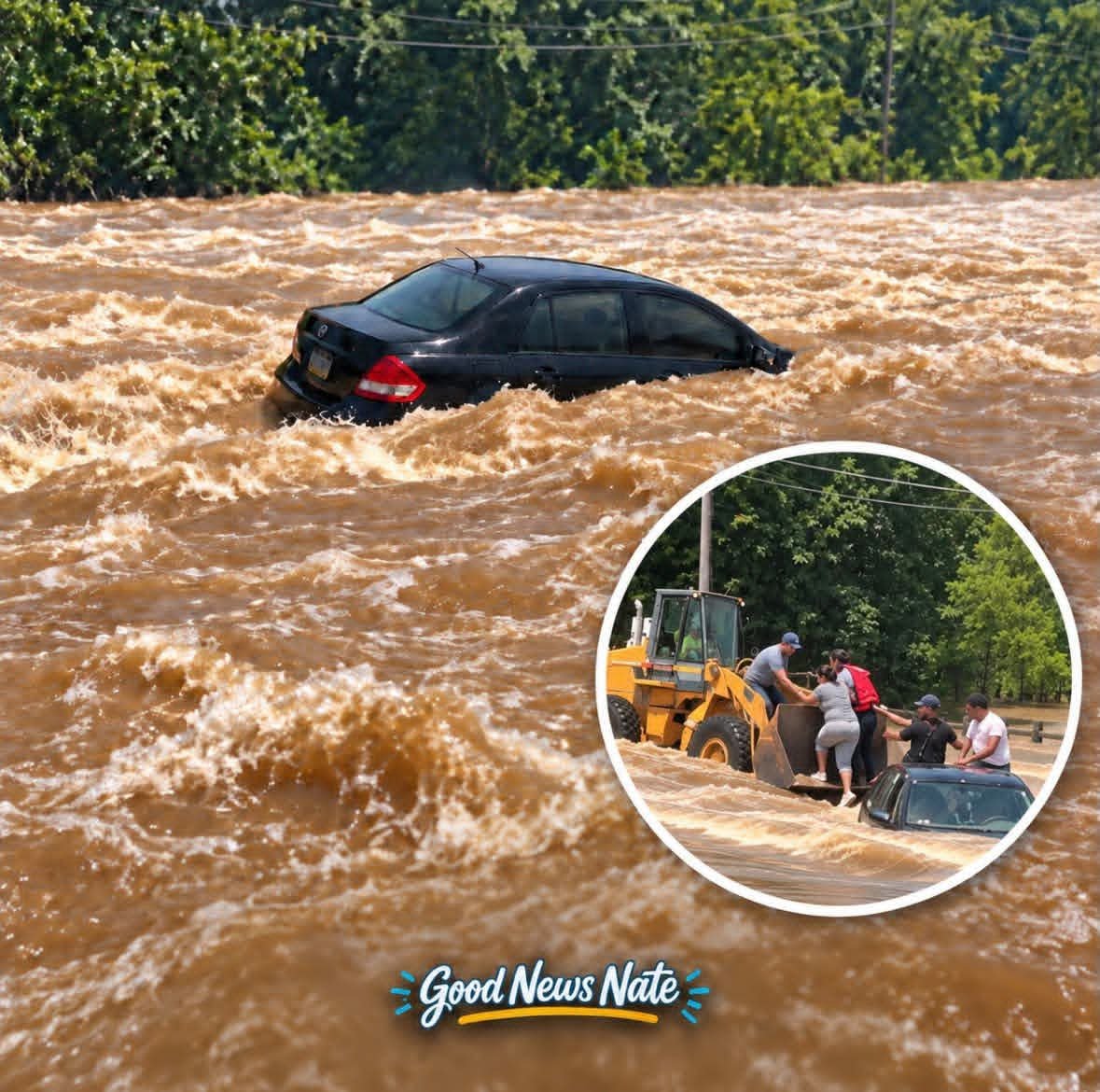 DOGEQEEN's tweet photo. A father and his four children were swept away inside their car when raging floodwater carried them off the road.

Several strangers saw the family trapped, but the current was too strong to safely reach them. Then a township worker came by driving a backhoe.

The strangers flagged him down, climbed into the bucket and rode through the floodwater toward the car.

When they arrived, the father was fighting the current with his youngest child in his arms, while three more children were still trapped near the car.

The men held onto each other’s belts and formed a human chain from the backhoe to the family.

All four children and their father made it out safely.

These are the kinds of people I wish the internet talked about more.