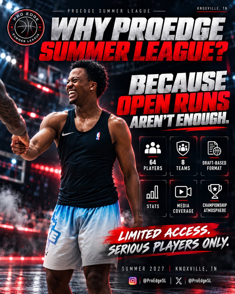 ProEdgeSL's tweet photo. WHY PROEDGE SUMMER LEAGUE?

Structured competition for college and pro players.

64 players. 8 teams. Draft-based rosters. Stats. Media coverage. Championship play.

More than summer runs. A league built to compete, develop and be seen.

@ProEdgeSL https://t.co/VgTa5ibCly