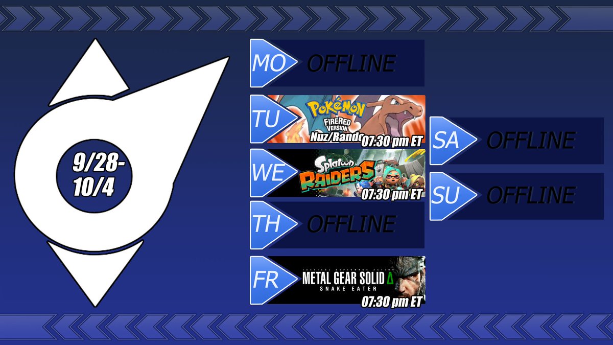 RIDA__VT's tweet photo. | Ｓｔｒｅａｍ Ｓｃｈｅｄｕｌｅ | 2/28 - 10/4 |
------------------------------------------------------------
Back and Refresh!

Continuing on-going streams and picking up 
Metal Gear Solid 3 remake for this week! https://t.co/t0VmPr9gh2