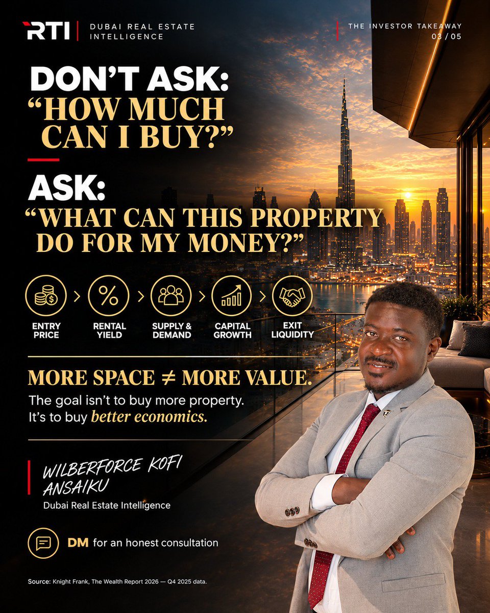 Wils_Consults's tweet photo. Stop asking: “How much can I buy?”

Ask: “What can this property do for my money?”

Price. Yield. Demand. Growth. Liquidity.

More space ≠ more value. https://t.co/ySiP3qcpb0
