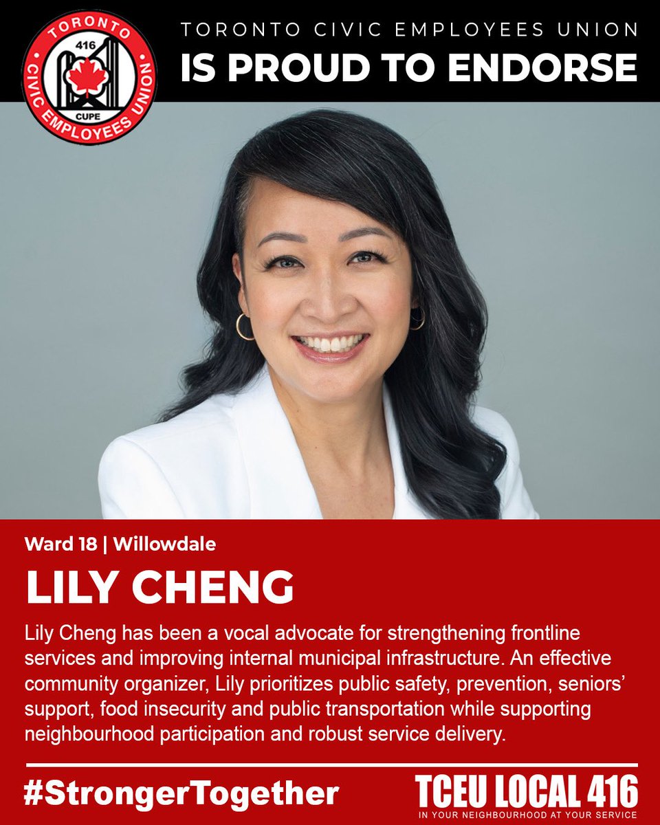 Local416's tweet photo. Lily Cheng has been a vocal advocate for strengthening frontline services and improving internal municipal infrastructure. An effective community organizer, Lily prioritizes public safety, prevention, seniors’ support, food insecurity and public transportation while supporting neighbourhood participation and robust service delivery.

Local 416 looks forward to continuing to work with Lily to deliver improved and sustained public services in Toronto.

#StrongerTogether
