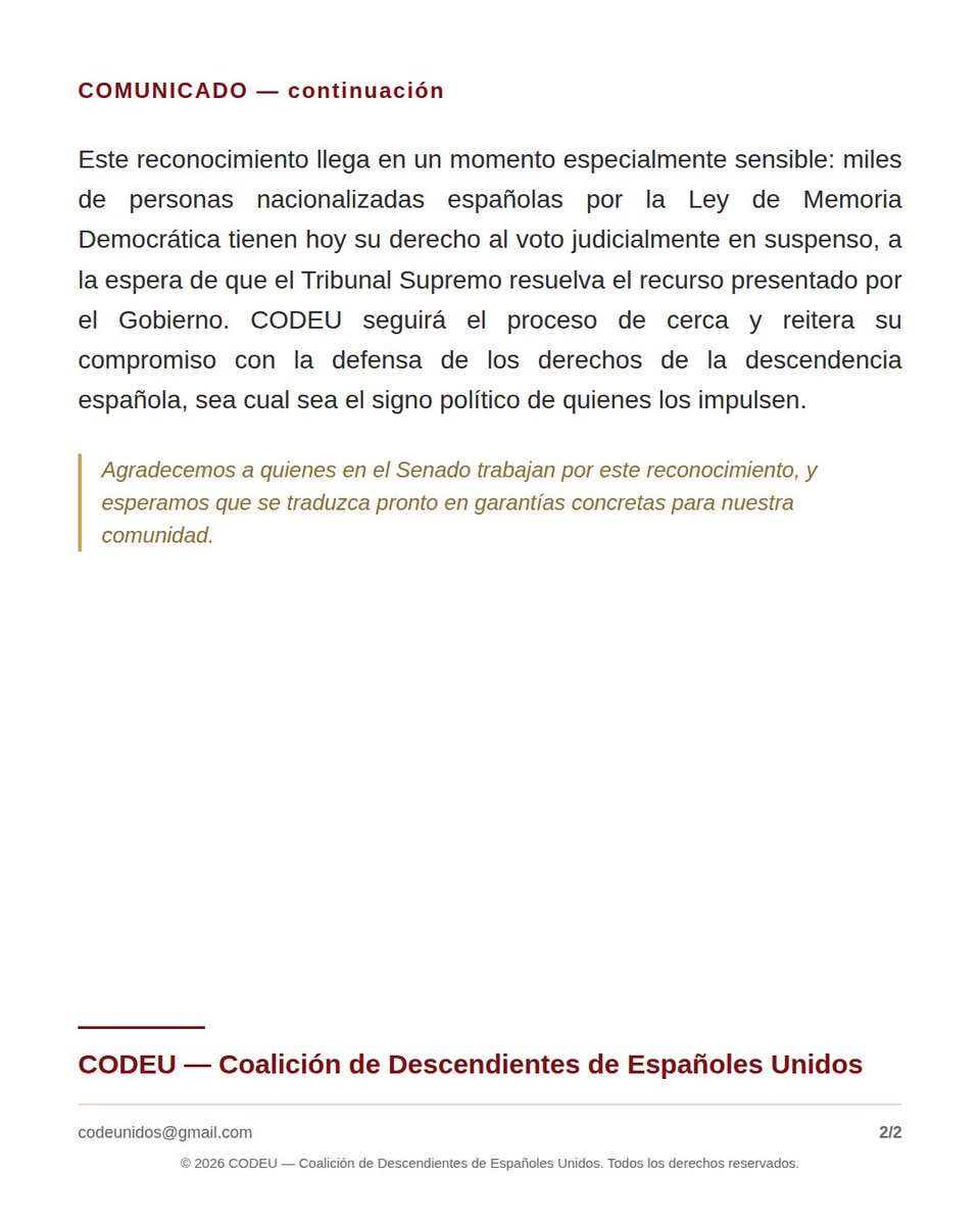 codeunidos's tweet photo. 📢 CODEU celebra la moción presentada en el Senado (vota el 30 sept.) por la lealtad institucional, la transparencia electoral y los derechos de participación de los españoles en el exterior. @gpssenado y @cesarmogoz por impulsarlo. Vía @espaexterior

#EspañolesEnElExterior #LMD https://t.co/Jsy5ObxGrq