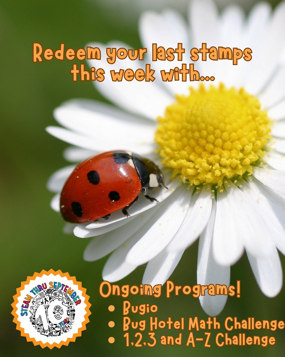 BocaRecreation's tweet photo. It’s the last week of STEAM Through September! Finish your STEAM Passport and redeem it  for a special prize. Need another stamp? Try Bugio, the Bug Hotel Math Challenge at the Explorium, or the 1, 2, 3 and A–Z Challenge at either library! https://t.co/7uiUlVaAo6