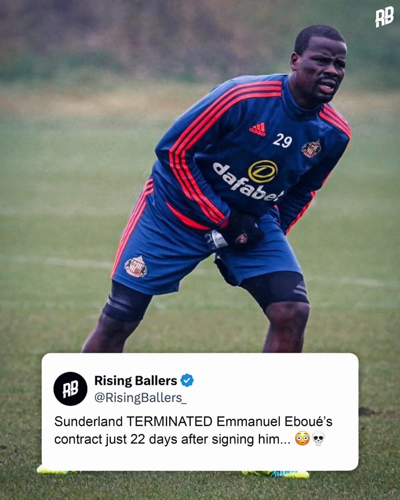 EmmybankzX's tweet photo. Emmanuel Eboué’s Sunderland career lasted just 22 DAYS… and he never played a single minute. 😳😭

In March 2016, the former Arsenal defender signed for Sunderland until the end of the season as they battled Premier League relegation.

But just weeks later, FIFA handed Eboué a one-year ban from ALL football activity over an unpaid debt to his former agent. 🚫⚽

Sam Allardyce later said Sunderland had been “completely in the dark” about the dispute.

Eboué had already spent weeks training with the squad and preparing for his return to Premier League football… but his comeback ended before it even started.

📅 Signed: 9 March 2016
📅 Contract terminated: 31 March 2016
⚽ Appearances: 0

One of the strangest Premier League signings ever. 🤯

#Sunderland #Arsenal #Eboue #PremierLeague #EPL #championship