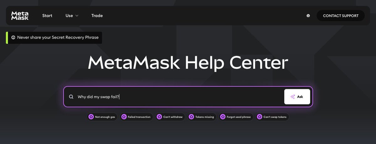 MetaMaskSupport's tweet photo. Skip the scrolling. The search bar on https://t.co/FbOqu5HOr8  is an AI assistant that can answer your questions about gas fees, failed swaps, missing tokens, Secret Recovery Phrase issues, and more. 

Have a question about your wallet? Give it a try. https://t.co/mRMU5rAqcq