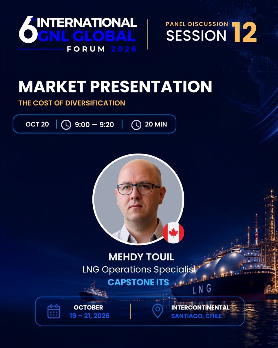 gnlglobal's tweet photo. 🌍⚓ SESSION 12 | THE COST OF DIVERSIFICATION
A market presentation on LNG supply security, flexibility and resilient strategies.

🎙️ Mehdy Touil | Capstone IT

📅 Oct. 20 | 9:00 AM
📍 Santiago, Chile
#GNLGlobal #LNG https://t.co/pHlzDqnCET