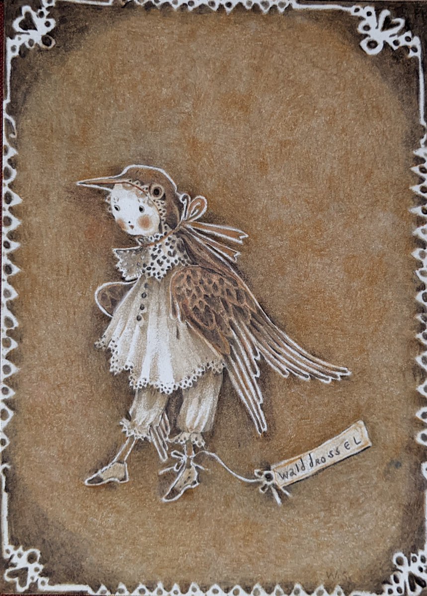 Wynfred1840's tweet photo. I was invited to Nucleus gallery's annual postcard show,in Portland
this illustration of "sam, dressed as a wood-thrush-bird" will be on display &amp;  available for sale throughout 6~29 November,2026

thank you so very much https://t.co/FNn3syRtZW