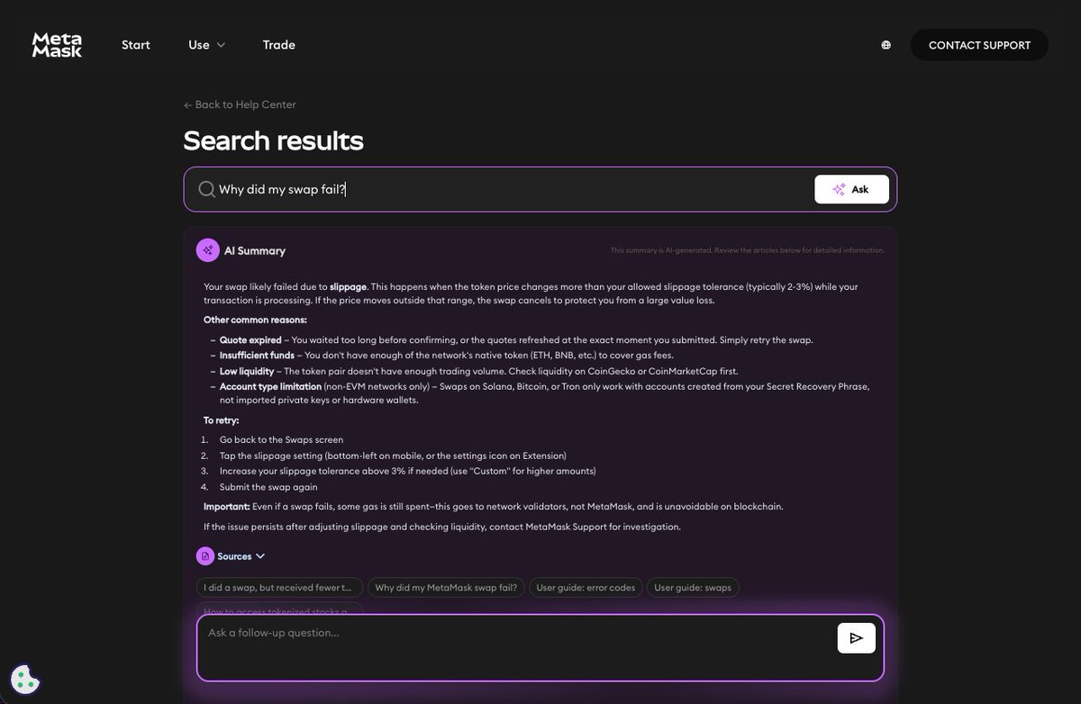 MetaMaskSupport's tweet photo. Skip the scrolling. The search bar on https://t.co/FbOqu5HOr8  is an AI assistant that can answer your questions about gas fees, failed swaps, missing tokens, Secret Recovery Phrase issues, and more. 

Have a question about your wallet? Give it a try. https://t.co/mRMU5rAqcq