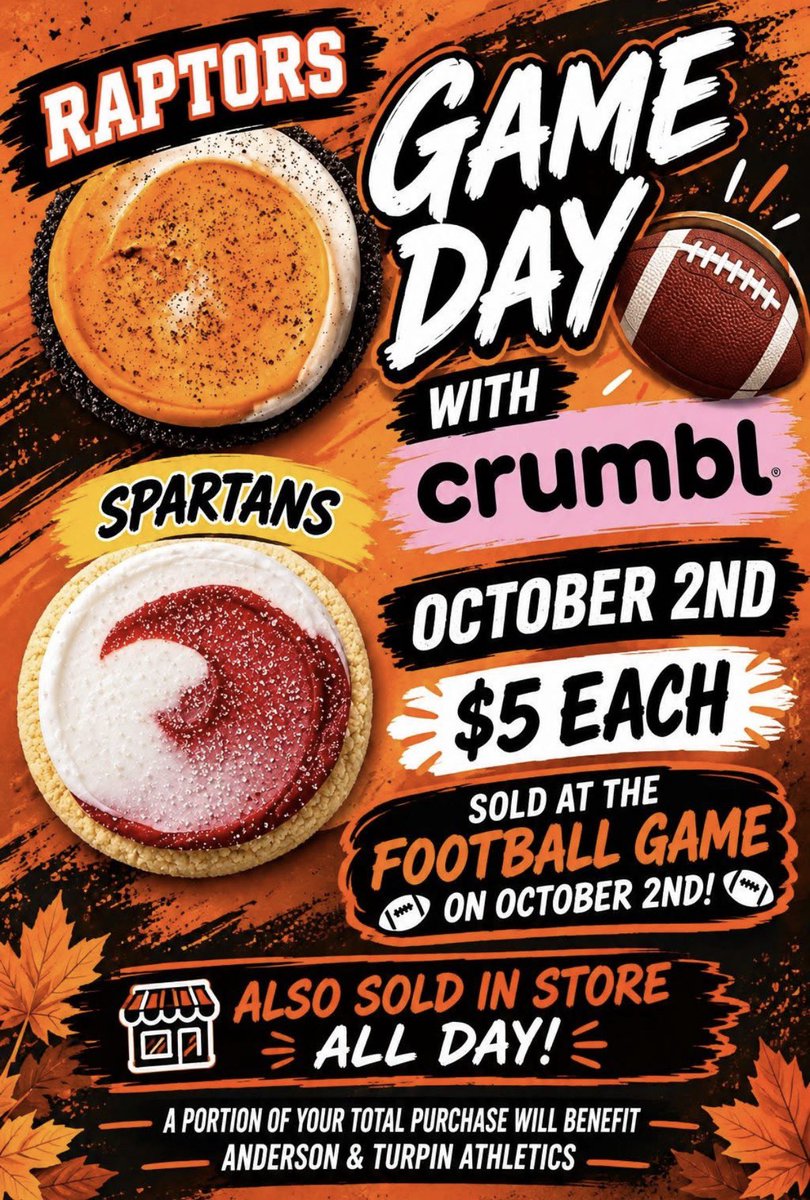 AHS_TDClub's tweet photo. 🔶️Show your Raptor support and satisfy your sweet tooth at the same time! 
🍪This Friday at the Anderson @Crumbl and at the game on Friday a portion of these cookie sales will benefit both school's Athletic Boosters 
🔶️Go Raptors! #AHSisFAMILY https://t.co/dAn3XAsaOJ