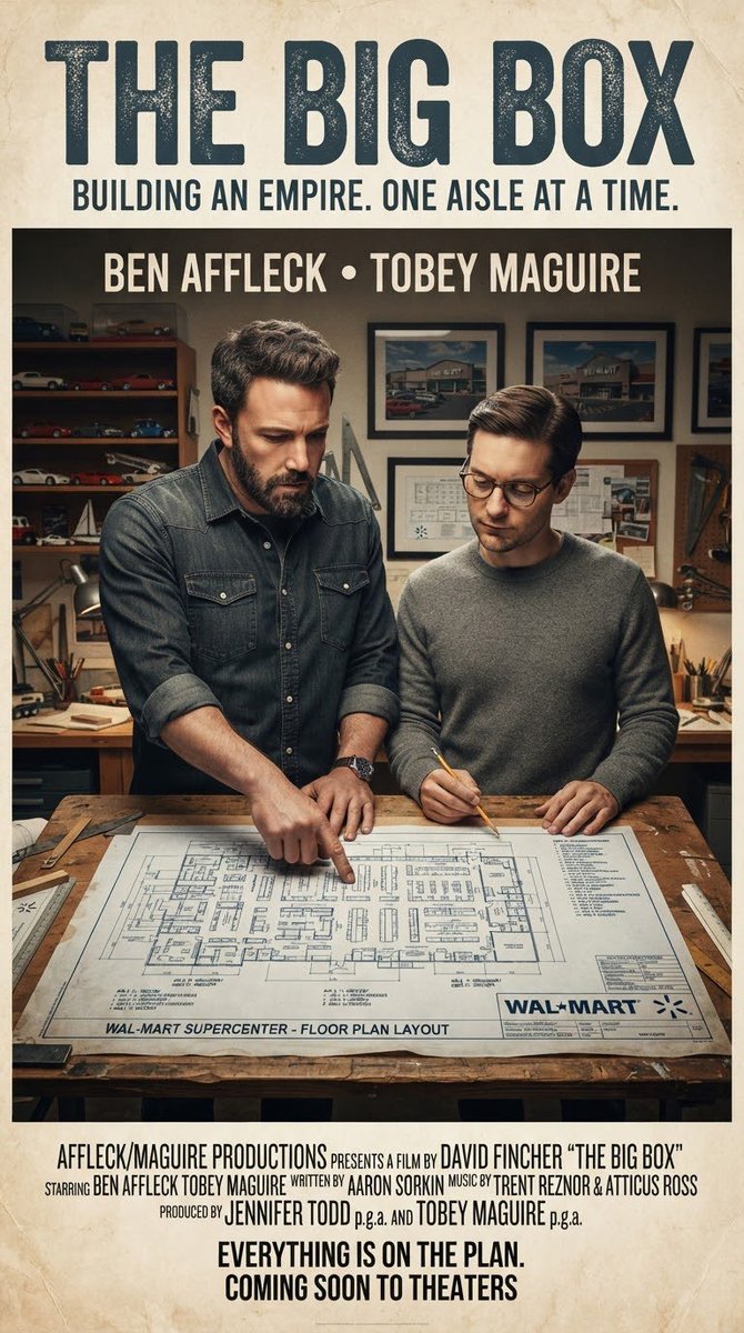 movierulez150's tweet photo. #Ai #AiArt #Concept #Poster #Movie #TheBigBox #TobeyMaguire #BenAffleck #Building #Empire #Aisle #Walmart https://t.co/DSlI3oLGEG