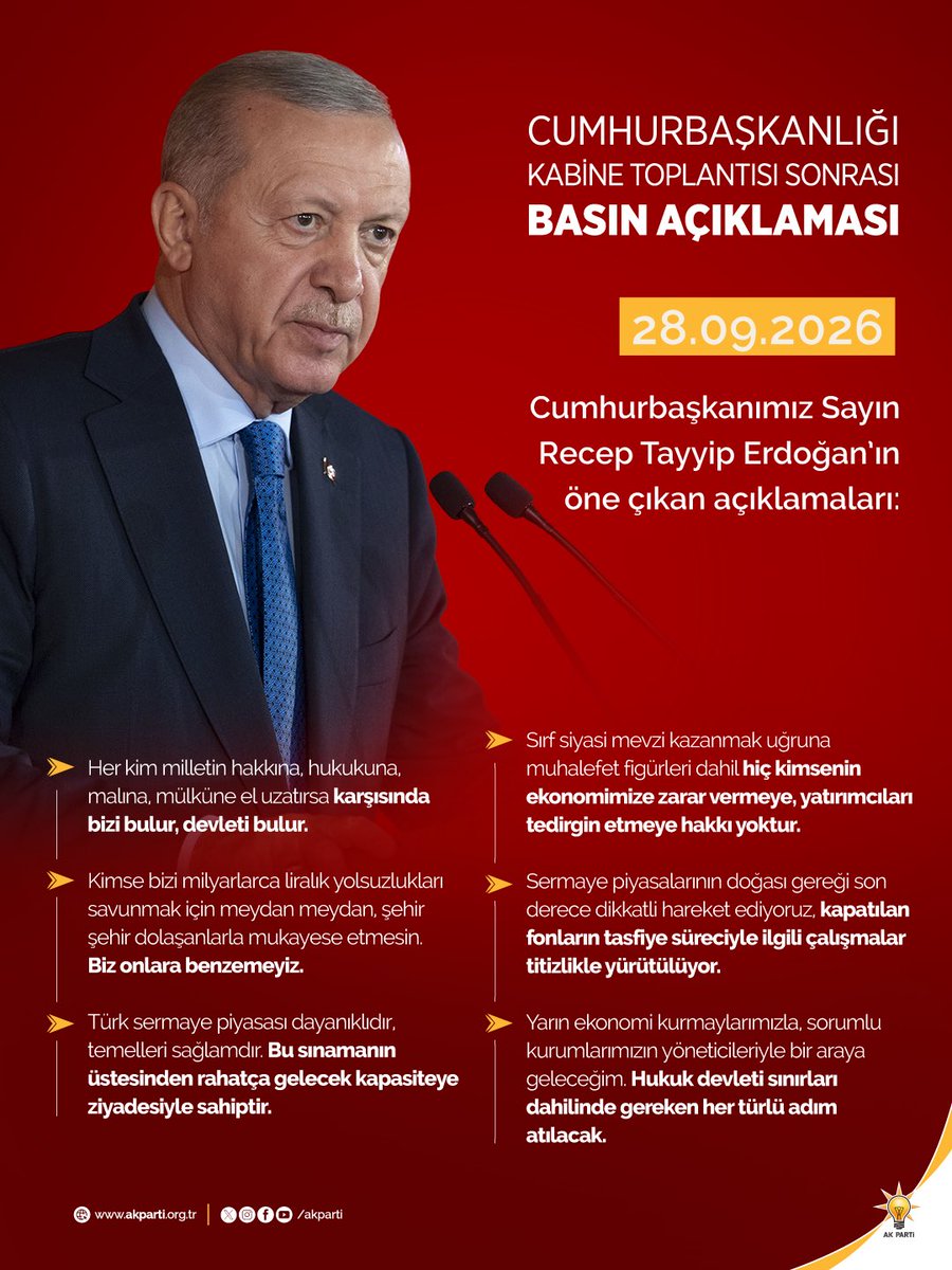Akparti's tweet photo. Cumhurbaşkanımız Sayın Recep Tayyip Erdoğan’ın, Cumhurbaşkanlığı Kabine Toplantısı sonrası öne çıkan açıklamaları. https://t.co/9mp0PuVKT7