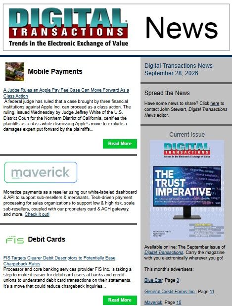 DTPaymentNews's tweet photo. Today's Digital Transactions News: Apple Pay Fee Suit Gets Class Action Status; FIS’s Better Debit Plan; AmEx Adds 20 Million Locations
https://t.co/cY4TSDKtoK
#payments #ApplePay #basispoints #lawsuit #classaction #banks #FIS #debitcards #statements #AmEx #merchantlocations https://t.co/Zw5RyFmrug