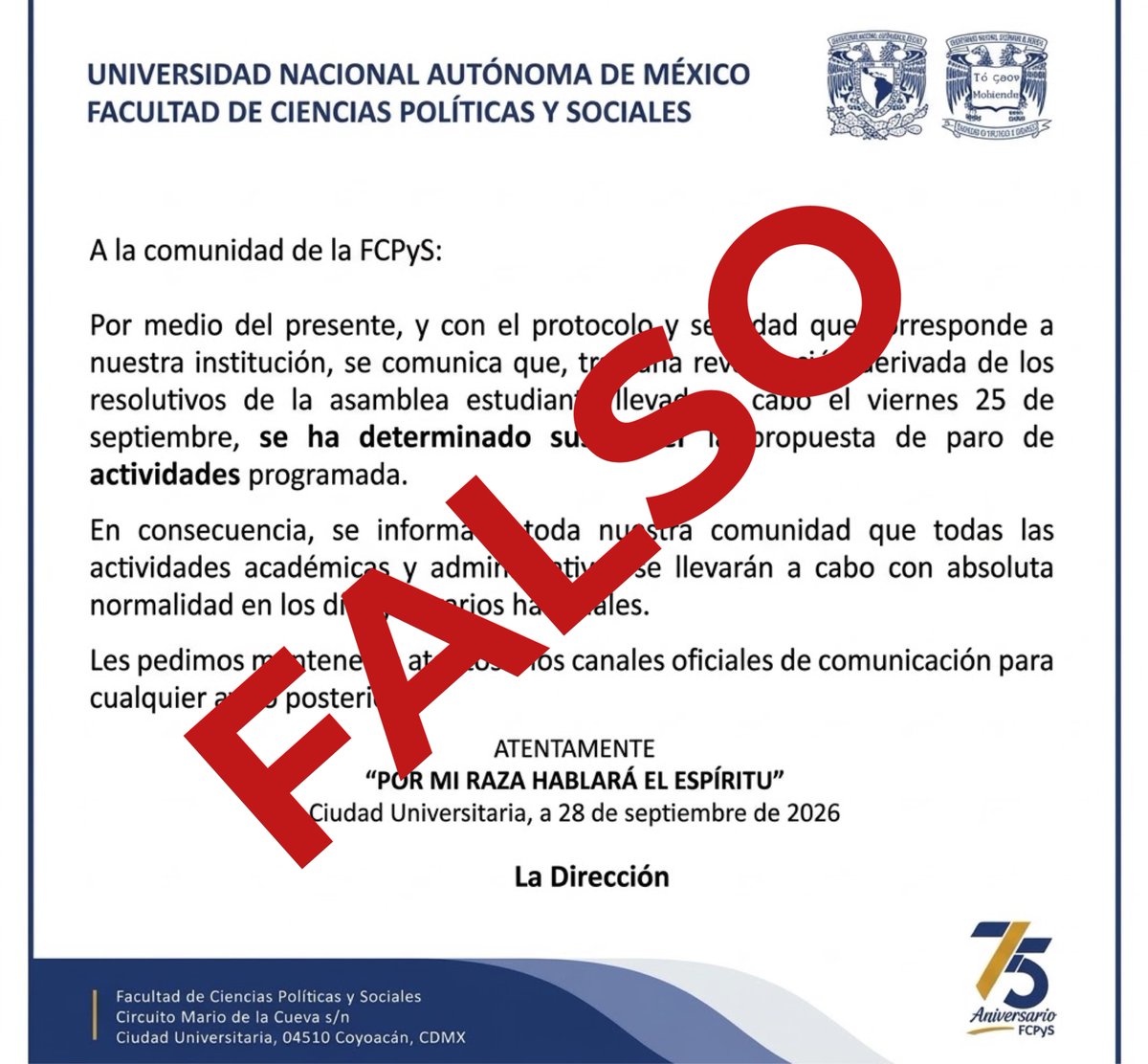 UNAM_FCPyS's tweet photo. ⚠️ El comunicado que circula sobre las actividades de la FCPyS es falso y no fue emitido por la Dirección.

Pedimos a nuestra comunidad mantenerse al pendiente de las redes sociales oficiales de la Facultad para consultar información actualizada. https://t.co/StZ5LWWQbN