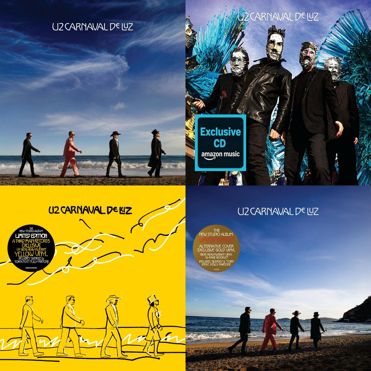 u2songs's tweet photo. Four covers announced so far for U2's "Carnaval de Luz":
https://t.co/DiYrVDD3mP
Clockwise from top left: Standard, Amazon, the larger chain stores vinyl/fan club CD, and Third Man Records pressing for US Indie stores, which will be announced on Wednesday. More at the link. https://t.co/rvbutVUe88