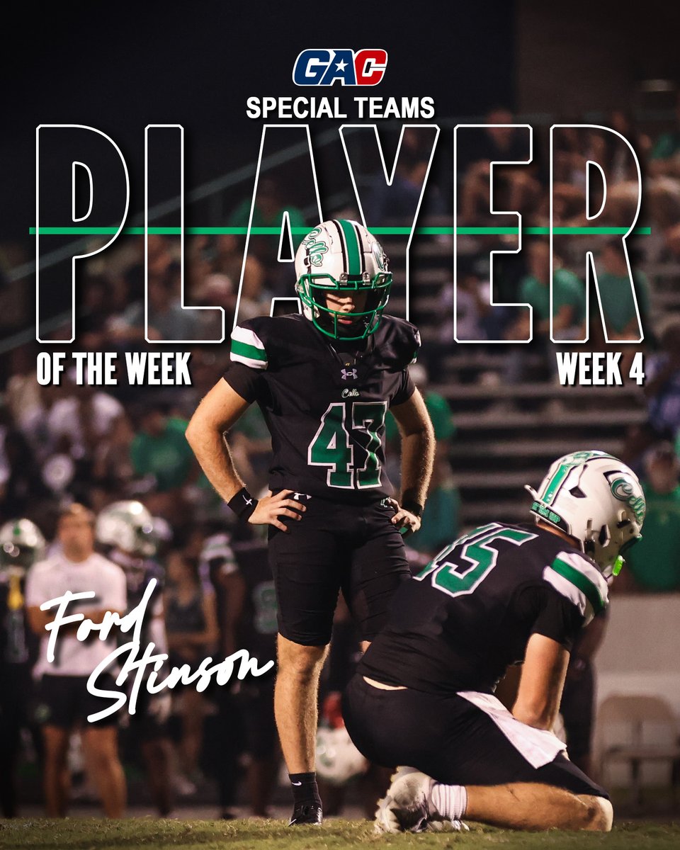 WeevilFootball's tweet photo. 𝗚𝗔𝗖 𝗦𝗣𝗘𝗖𝗜𝗔𝗟 𝗧𝗘𝗔𝗠𝗦 𝗣𝗢𝗧𝗪 ✅

@Fordstinson1 earns GAC Special Teams Player of the Week for his performance against Arkansas Tech!

#TheGAC | #EatEmUp https://t.co/JbYcXIeTbC