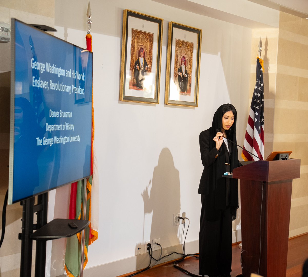 SQCCDC's tweet photo. In recognition of America’s 250th anniversary, the Sultan Qaboos Cultural Center hosted the lecture “George Washington and His World,” featuring Dr. Denver Brunsman, Associate Professor of History at George Washington University.

The event was attended by Counselor Sabra Al Hooti, Deputy Chief of Mission at the Embassy of the Sultanate of Oman, along with diplomats from various embassies, professors, students, and members of the DMV community. Opening remarks were delivered by Halima Al Balushi, Program Officer at SQCC.

The lecture explored George Washington’s life, leadership, and legacy, followed by an engaging Q&A session with the audience.