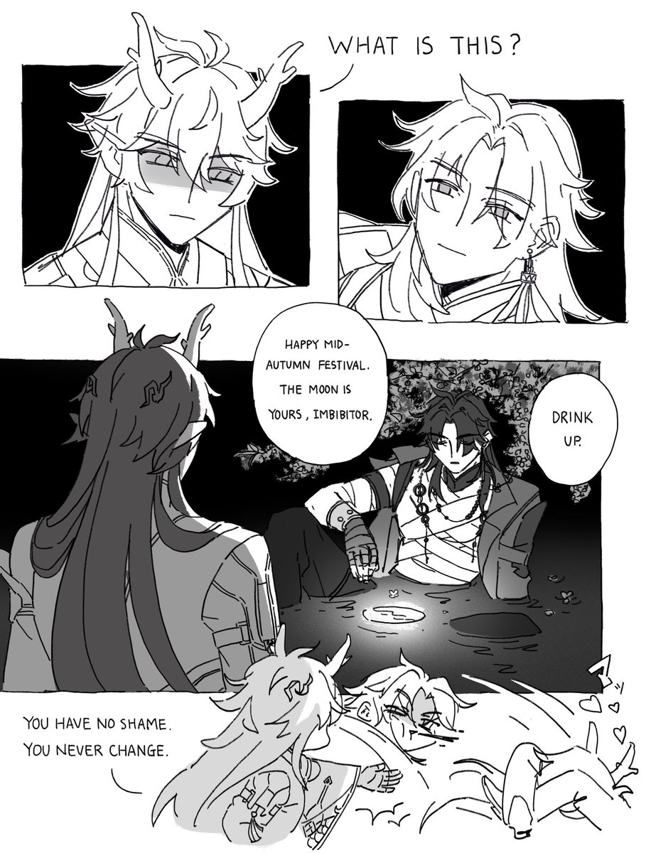 Cybercoughsyrup's tweet photo. Dan Heng suddenly remembers how Imbibitor Lunae earned his name. 

Happy Belated Mid-Autumn!! 🍁

#星穹鉄道 #崩壊スターレイル #刃恒 #刃丹 #応楓 #renheng #xingyue #HonkaiStarRail #houkaistarrail https://t.co/SQGkXQCGNF