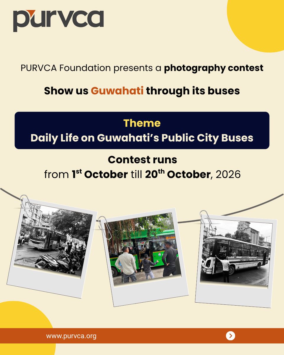 purvca's tweet photo. We are organising a photography contest on the theme Daily Life on Guwahati's Public City Buses.
The contest runs from 1st October to 15th October 2026. 
Visit https://t.co/TXYWeMNmxV or scan the QR in the last image for details and apply. https://t.co/PBW2cfjrd3