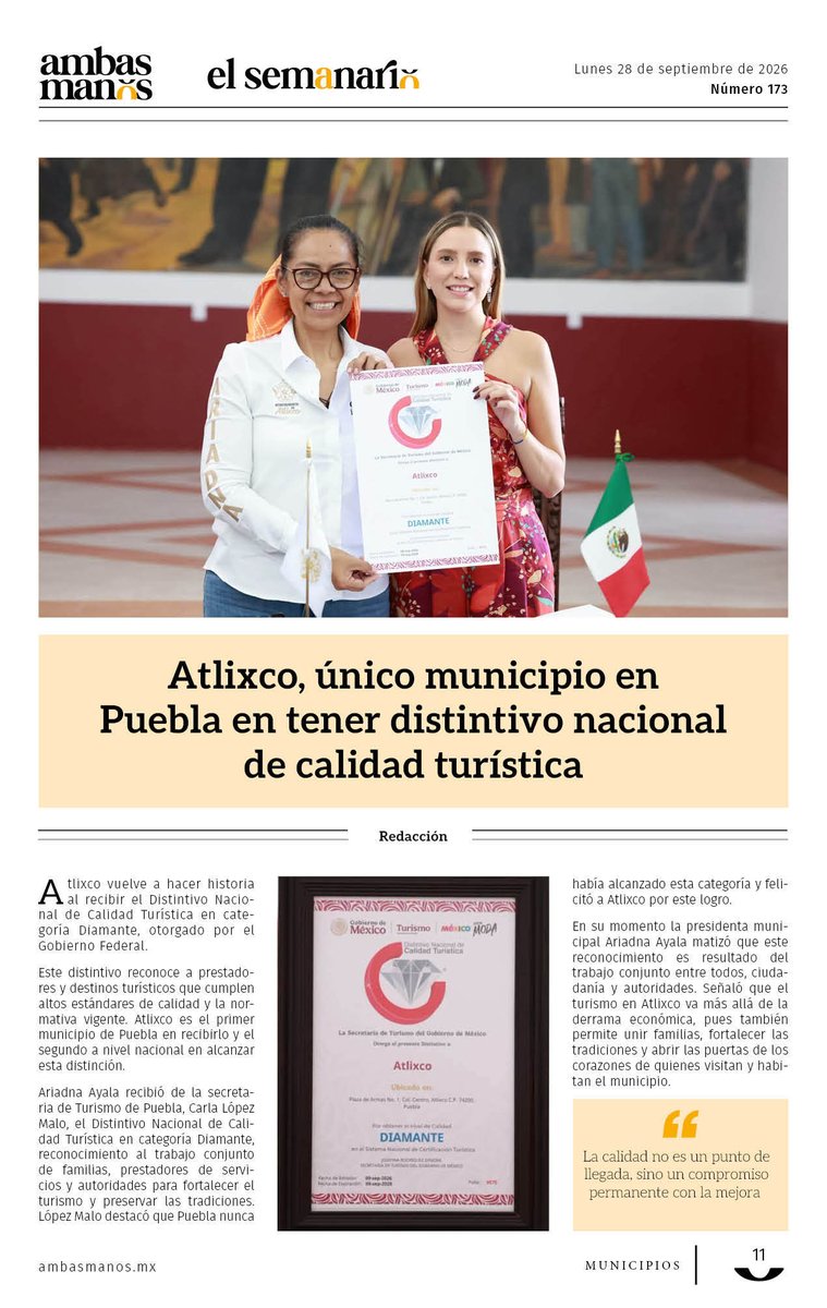 Ambas_Manos's tweet photo. @pepechedrauimx @A_Villegas_Men #ElSemanario 🗞️ ¡Buenas noticias!
#Atlixco, único municipio en Puebla en tener distintivo nacional de calidad turística. @AriadnaAyala
https://t.co/Csdyj2GB7T https://t.co/EHhZ9mG3vt
