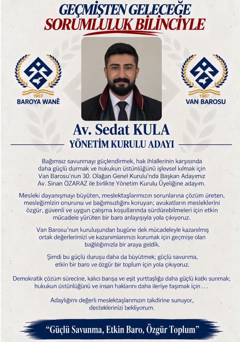 Avsalihcoskun's tweet photo. İHD Van Şubesi çatısı altında beraber mücadele yürütmekten onur duyduğum meslektaşım Sn. Sedat KULA Van Barosunun 30. Olağan Genel Kurulunda yönetim kurulu adayı olmuştur. Kendisini tebrik eder, başarılar dilerim. @sedatkula65 https://t.co/Vmoy8ZFjMM