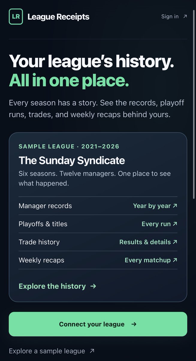 LeagueReceipts's tweet photo. Your league still argues about that trade from last year. Now you can pull the receipt.

League Receipts brings your Sleeper league’s records, playoff runs, trade history, and weekly recaps into one place.

Connect your league: https://t.co/XAETZLXGo2

Use FIRST100 for 50% off a season pass.
