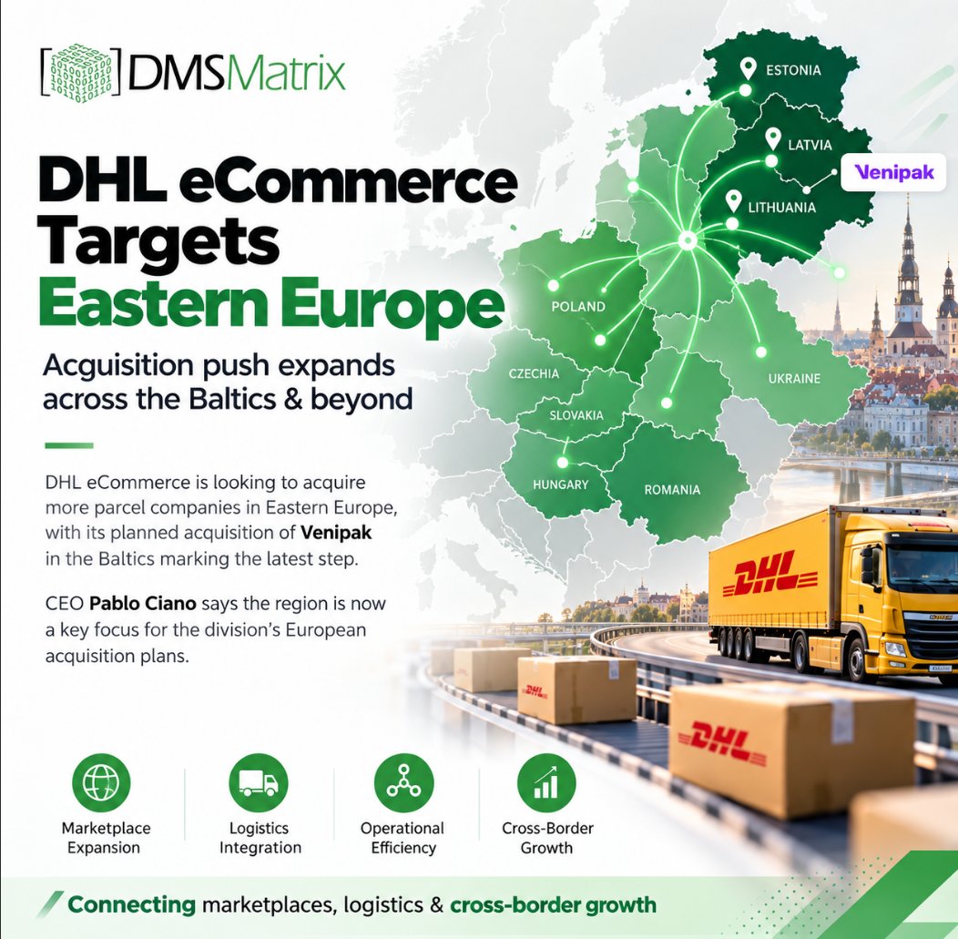 DMSMatrix's tweet photo. DHL eCommerce is making Eastern Europe a strategic logistics battleground.

DHL eCommerce is looking to acquire more parcel companies across Eastern Europe, with its planned acquisition of Venipak in the Baltics marking its latest move.

https://t.co/bYXHH0I39Y https://t.co/fQdUY2gqYX