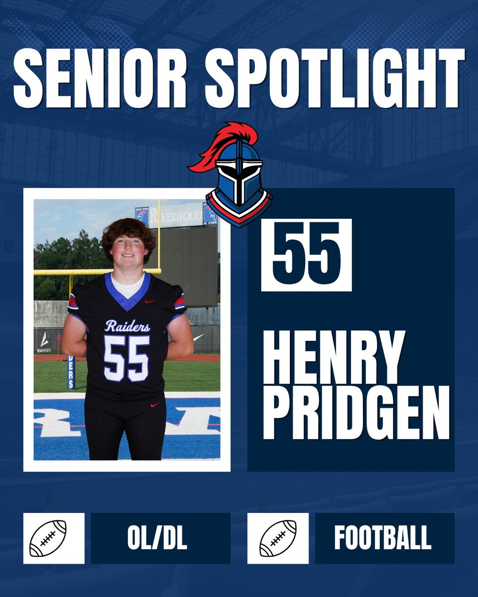 RICSFootball's tweet photo. Next up for our Senior Spotlight is OL/DL Henry Pridgen #55 

Locked in on and off the field. Grinder in the trenches and a great teammate.
Proud of you, Henry! Let’s finish this senior year right! 🔵🔴 https://t.co/nypjyHH8my